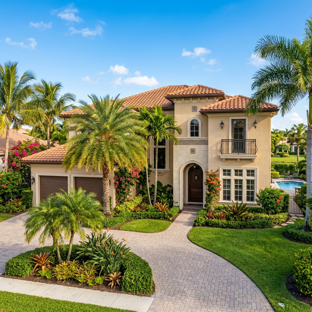 Waterfront South Florida home with palm trees